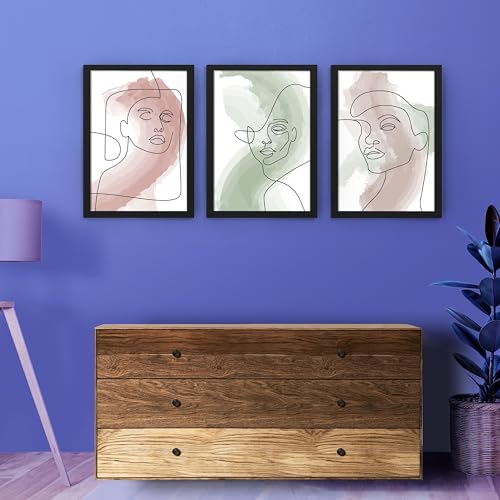Image of Ritwika's Collection Of 3 Abstract Artwork Of Outline Portrait Of Women Face Painting With Frame | Perfect For Home and Office Decor | With Glass, Size 13.5 x 19.5 Inch (Each), Set Of 3