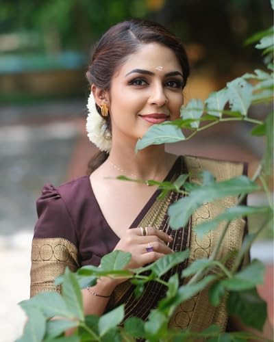 Image of Sugathari Women's Maroon Banarasi Kanchipuram Art Silk Saree for Women - Traditional Wedding & Party Saree with Blouse Piece - Ethnic Indian Silk Saree for Bridal, Festive (KS-156)