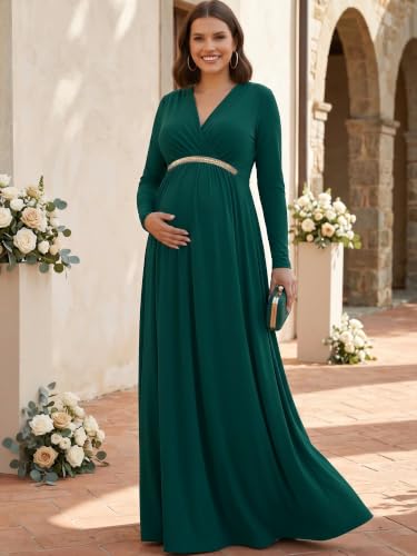 Image of KOH KOH Womens Maternity Long Sleeve V-Neck Flowy Winter Maxi Dress Gown