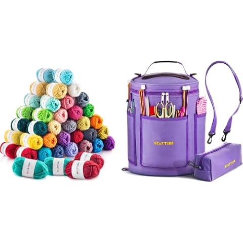Starter Pack of 60 Acrylic Yarn Skeins with Purple Yarn Storage Bag Bundle Cover
