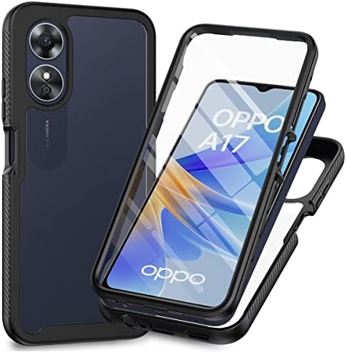 Dfjhure OPPO A17 Case Built-in Screen Protector Full Body Shockproof Protection Cover tylish Bumper Transparent Back Phone Case Cover for OPPO A17- Black