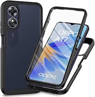 Dfjhure OPPO A17 Case Built-in Screen Protector Full Body Shockproof Protection Cover tylish Bumper Transparent Back Phone Case Cover for OPPO A17- Black