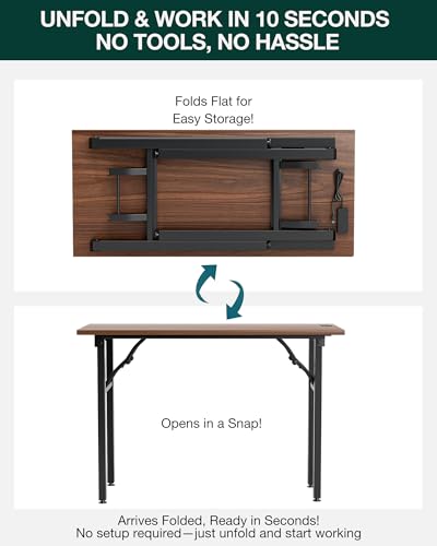Image of Small Folding Computer Desk - 43.3 Inch Portable Table for Craft and Study, Lightweight Desk for Small Spaces, Foldable Laptop Table Built-in AC /USB Outlets for Convenience, Dark Walnut