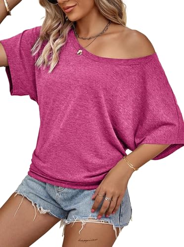 Image of Hilinker Womens Short Batwing Sleeve T Shirt Oversized Casual Tee Hot Pink X-Large