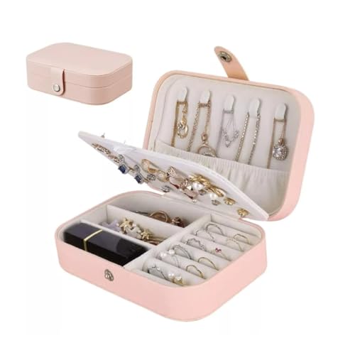 Amarme - Porta Joias Portátil em Couro com Botão | Organizador Premium para Anéis, Brincos, Colares e Bijuterias | Estojo Compacto para Viagens e Uso Diário com Design Sofisticado e Prático (Rosa)