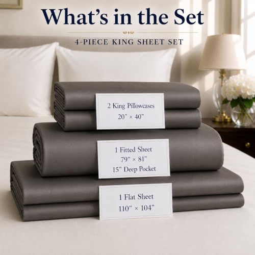 Image of King Sheet Set, 800TC Egyptian Cotton King Size Bed Sheets - Granite Grey | 15 inch Deep Pocket, Super Soft, Luxury Sateen Weave, Breathable Cotton Sheets King Size for Hotel-Quality Comfort Every Night