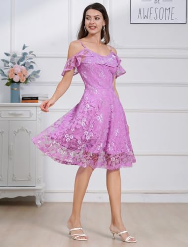 Image of IWEMEK Women Spaghetti Strap Floral Lace Bridesmaid Cocktail Party Dress Cold Shoulder Ruffle Sleeve Wedding Guest Prom Dress