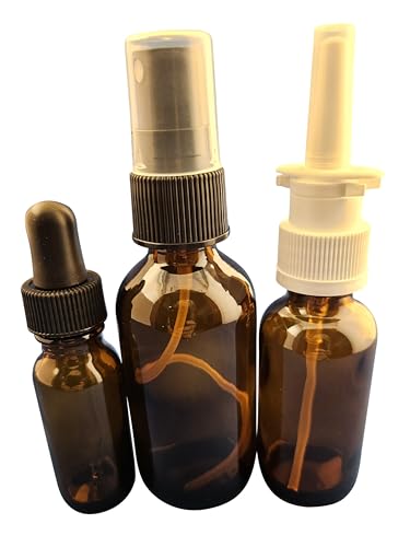 Amber Glass EMPTY Colloidal Silver Applicator 3-Pack, w/ 2oz Mist Sprayer, 1oz Nasal Sprayer, and 1/2oz Dropper