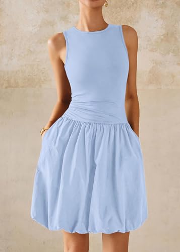Image of KIRUNDO Summer Dresses for Women 2026 Cute Mini Sleeveless Bubble Dress | Stretchy Ruched Front Cinched Waist, Woven Balloon Skirt, Crewneck Tank Sundress With Pockets, Casual Party Vacation Outfits