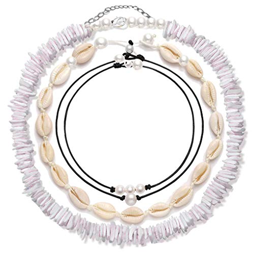 4 Pcs Shell Choker Necklace Chips 14 16 18 inch Seashell Short Hawaiian Boho Summer Beach Bohemia Jewelry Set Hawaii Waikiki Cowrie Beads Cord Pearls Pendants for Women Girls Necklaces