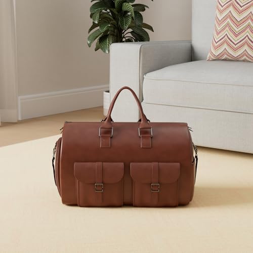 seyfocnia Convertible Travel Garment Bag,Carry on Garment Duffel Bag for Men Women - 2 in 1 Hanging Suitcase Suit Business Travel Bag, Brown-2pockets-Leather, One_Size