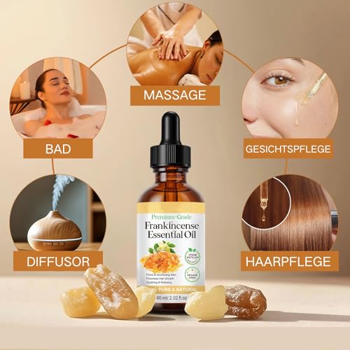 Weihrauchöl Bio für Haut - Frankincense Oil - Ätherische Öle Naturrein - Reines Weihrauch Öl - Frankincense Essential Oil Organic - Duftöl für Hautpflege, Aromatherapie, Haarpflege, Massage, Bad, 60ml