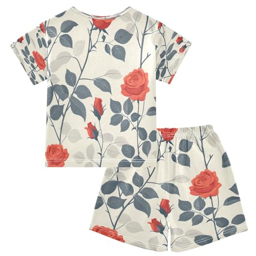 senya Short Sleeve Pajamas Sets Summer Cotton Sleepwear Flower Leaves Rose Ink Red White2