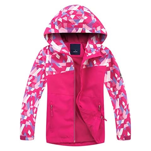LOKTARC Big Boys Girls Rain Jackets Geometric Color Block Kids Lightweight Waterproof Hooded Raincoats Windbreaker Red 9-10 Years/Size XL Cover