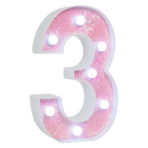 Image of Pink Glitter Marquee Light Up Numbers, LED Number Lights Battery Operated for Girls 3rd 13th Pink Birthday Party Table Decorations, Wall Decor for Girls Bedroom, Number 3 Sign Cool White Lights
