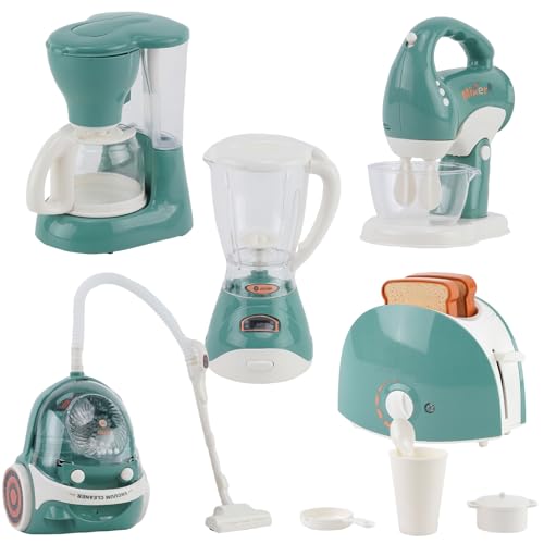 Accesorios Cocina Juguetes,Conjunto de Utensilios de Cocina Infantil con Cafetera,Licuadora, Aspiradora,Batidora,Tostadora con Luces y Sonidos realistas,Apto para niños Mayores de 3 años