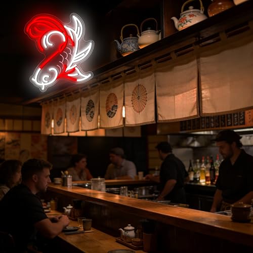 Image of Koi Fish Neon Sign for Wall Decor Japanese LED Light for Man Cave | Dimmable, japanese style wall art, living room decor, bar ornament, party decor, ideal birthday gift, size13.7*12.2 in
