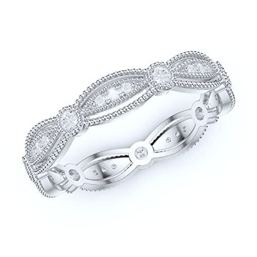 14k White Gold Fancy Marquise Shape Milgrain Simulated Round Brilliant Diamond or Genuine Moissanite Ring Wedding Band