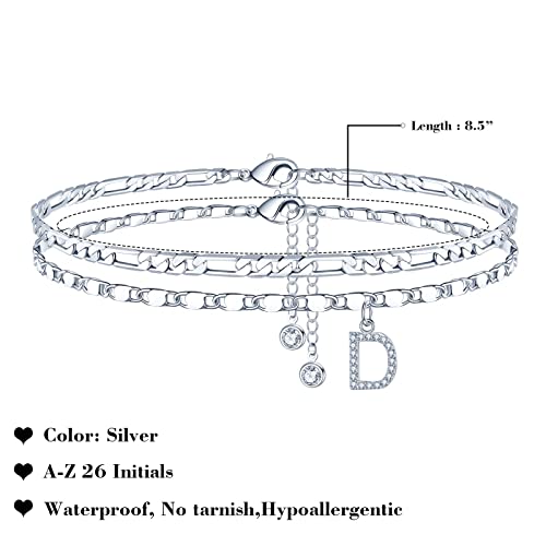 Image of Ursteel Ankle Bracelets for Women, 14K-Gold-Plated Dainty Layered Chain CZ Initial Anklets Set Summer Jewelry Gifts for Women