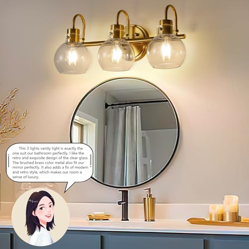Image of 3-Light Vanity Light, Brushed Brass Bathroom Light Fixtures, Farmhouse Wall Sconces with Globe Clear Glass Shade, Porch Wall Mount Lamp for Mirror, Kitchen, Porch, Living Room, Workshop (E26 Base)