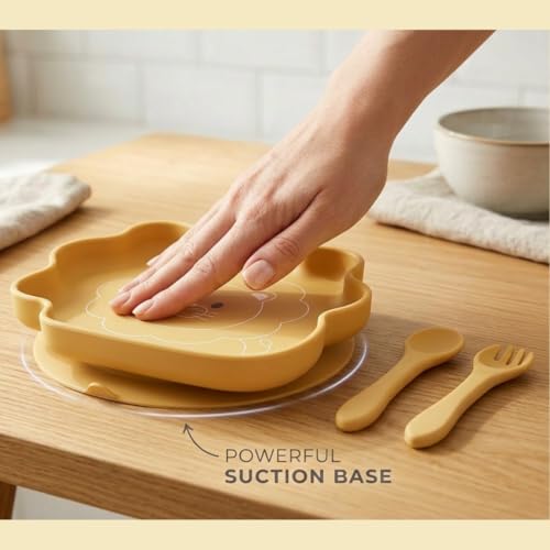 Image of TIGGY & BONNET Lion 2 Pcs Silicone Baby Feeding Set for Baby Bpa-Free | Microwave Safe, Anti-Slip Base | Tableware Kit for Babies & Toddlers with Suction Plate & Spoon