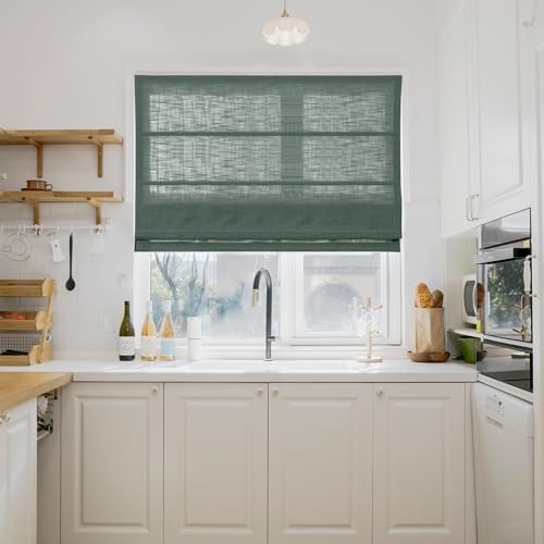 Image of TWOPAGES Liz No Drill Cordless Roman Shades Linen Textured Roman Blinds for Windows, Custom Made Room Darkening Blackout Roman Window Shades, Hardware Included, Lagoon, 1 Piece