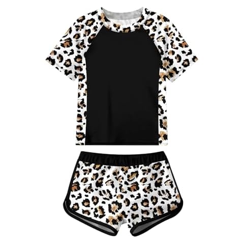 Enlifety Girls Rash Guard Swimsuit Size 9 10 Khaki Leopard Bathing Suit Two Piece Swimwear for Beach Pool Swimming Cover