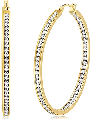 Large Rose Gold Stainless Steel Hoop Earrings for Women, Big Hypoallergenic Hoops Earring ARSKRO Huge Cubic Zirconia Rhinestone Crystal Basketball 50mm 2 inch Ear Ring Jewelry Gifts for Women Mens Sensitive Ears