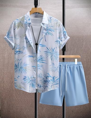 Image of Yimoon Men's Summer 2 Piece Outfits Tropical Print Short Sleeve Button Down Hawaiian Beach Shirt and Shorts Set