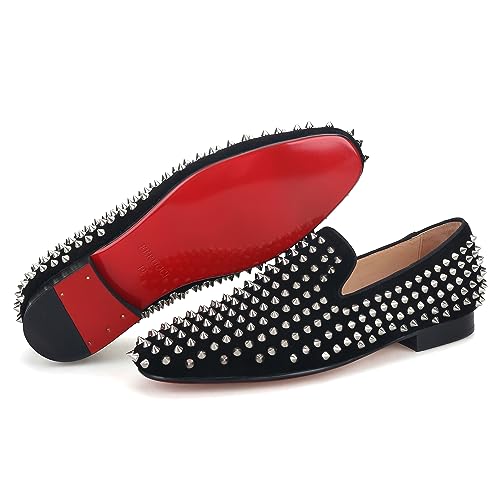 FERUCCI Men Black Velvet Slippers Loafers Flat with Silver Spikes