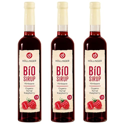 Höllinger Bio Himbeer Sirup - Vegan, 3x500ml Glas Flasche - beerige Erfrischung