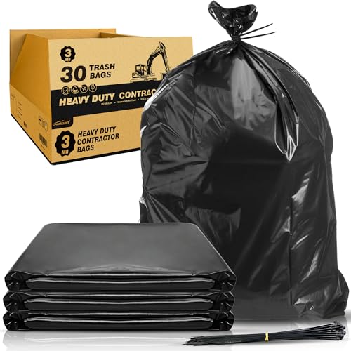 Charmount 55 Gallon Contractor Bags Heavy Duty Trash Bags 3 Mil, 30 Count W/Ties 37"x56", Extra Large Garbage Bags for Industrial Commercial Outdoor Yard Lawn & Leaf Bags,Black