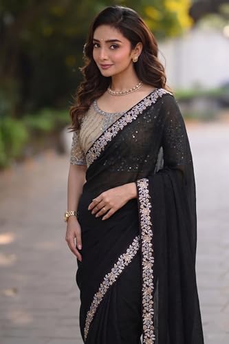 Image of Women's Designer Bollywood Soft Georgette Heavy Embroidery Sequins Work Sarees For Wedding With Blouse Piece