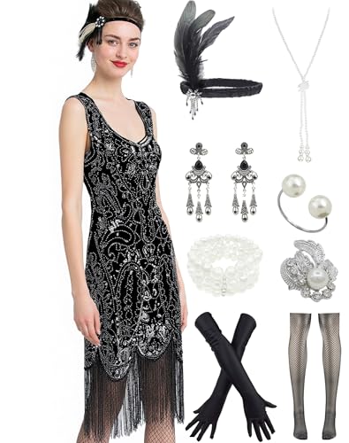 Image of Peacock-inspired 1920s Gatsby Beaded Flapper Sling Dress Womens Vintage Cocktail Dress W /Complete Accessories Set