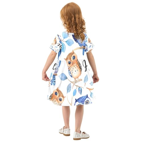 Bolaz Watercolor Funny Owls Girls Dress Short Sleeve Dress Casual Dresses 2-8Y3