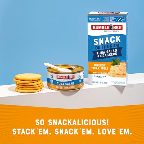 Image of Bumble Bee Snack On The Run! Cheesy Melt Tuna Salad Kit | Ready to Eat Easy-Open Canned Tuna Salad with Crackers Snack Pack, 9g Protein per Box, Wild Caught MSC Certified Tuna