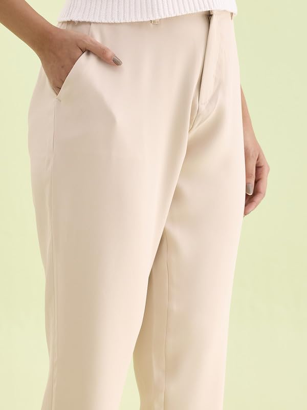 Image of GO COLORS Solid Formal Crepe Pants for Women | Mid Rise, Side Pocket