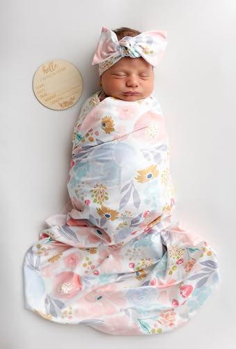 Image of Terriboo Newborn Floral Print Blanket Baby Stretch Wrap Swaddle Receiving Blanket with Matching Headband and Beanie (Orange and Pink)