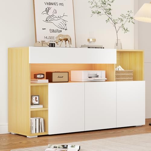 Doyisy Aparador LED Ancho 140 cm, Cómoda Highboard, Aparador Lujoso para Salón, Armario Esquina para Pasillo, Armario para Dormitorio, Blanco y Roble (140 x 40 x 70 cm)