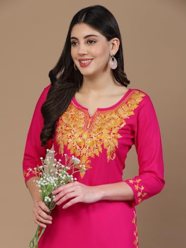 Image of QAZMI Women's Rayon Cotton Straight Keyhole Neck Three-Quarter Sleeves Kashmiri Embroidery Kurti