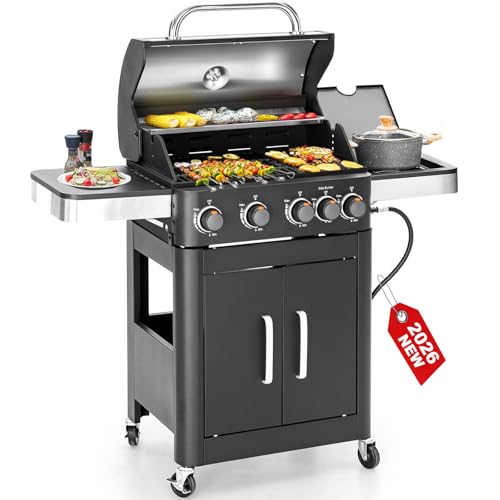 2 in 1 Propane Gas BBQ Grill with Side Burner & Porcelain-Enameled Cast Iron Grate, 4-Burner Flat Top Griddle, 46,700 BTU Outdoor Barbecue Propane Griddle Grill Combo for Camping, Patio, Backyard