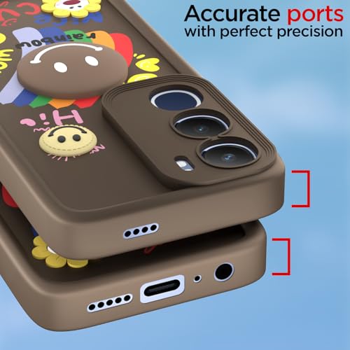 Image of Pikkme Back Cover for Vivo Y29 5G / Vivo Y19s | Soft Silicone| Cute Rainbow Smile & 3D Cartoon Flower Design | Shockproof Raised Camera Protection Bumper Case (Brown)