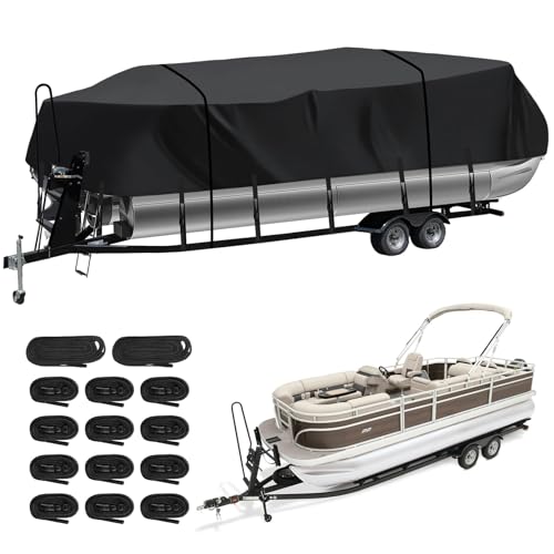 Heavy Duty Trailerable Pontoon Boat Cover (XL), 22'1''-24'2'' Marine Grade Waterproof Cover with Adjustable Windproof Tightening Strap & Anti-UV for SunTracker Party Barge/SPORTFISH/Fishin Barge