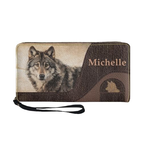 Image of Bulopur Custom Name Wallet for Women Wolf Purse with Wristlet PU Leather Waterproof Ladies Purses Handbag Zip Around Coin Cash Clutch Card Organizers Gifts for Him