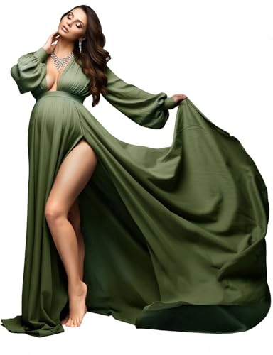 Image of Dedysler Maternity Photo Shoot Dress Long Sleeve Maxi Pregnancy Gown Side Splits Baby Shower Photoshoot for Photography