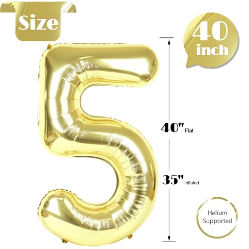 Image of Light Gold Number 5 Balloon 40 Inch, 5th Birthday Party Decorations, Giant 5 Foil Balloon for Party Supplies