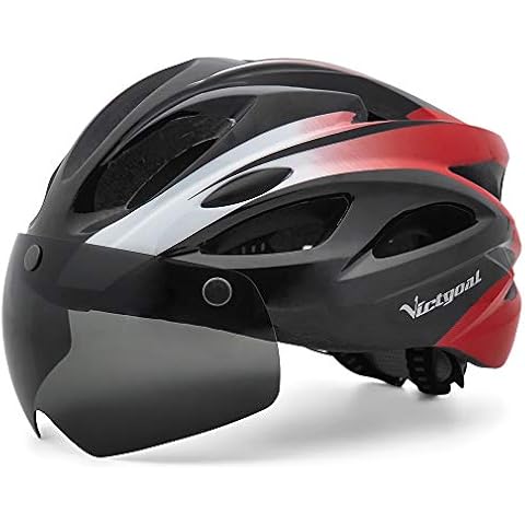 Victgoal Adults Bike Helmet for Men Women Detachable Magnetic Goggle Visor Bicycle Helmet with LED Rear Light Cycling Road Mountain Cycle Helmet (Black Red) Cover