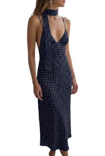SISKIN Women Summer V Neck Backless Polka Dot Maxi Dress Royal Blue S