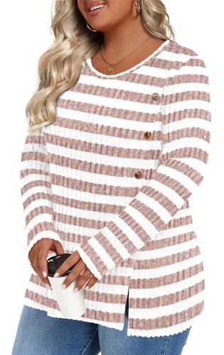 Image of HOTGIFT Womens Sweaters Tops Plus Size Tunics Top Long Sleeves Winter Blouse Casual Shirts Outfits White-Orange Stripes 3X-Large