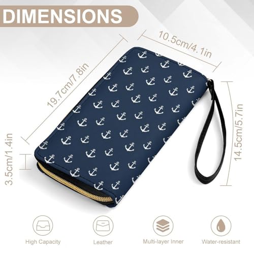 Wallet for Women Blocking Leather Large Capacity Card Holder Wallet Nautical Anchor Navy Blue Ladies Phone Clutch Long Purse Wristlet2